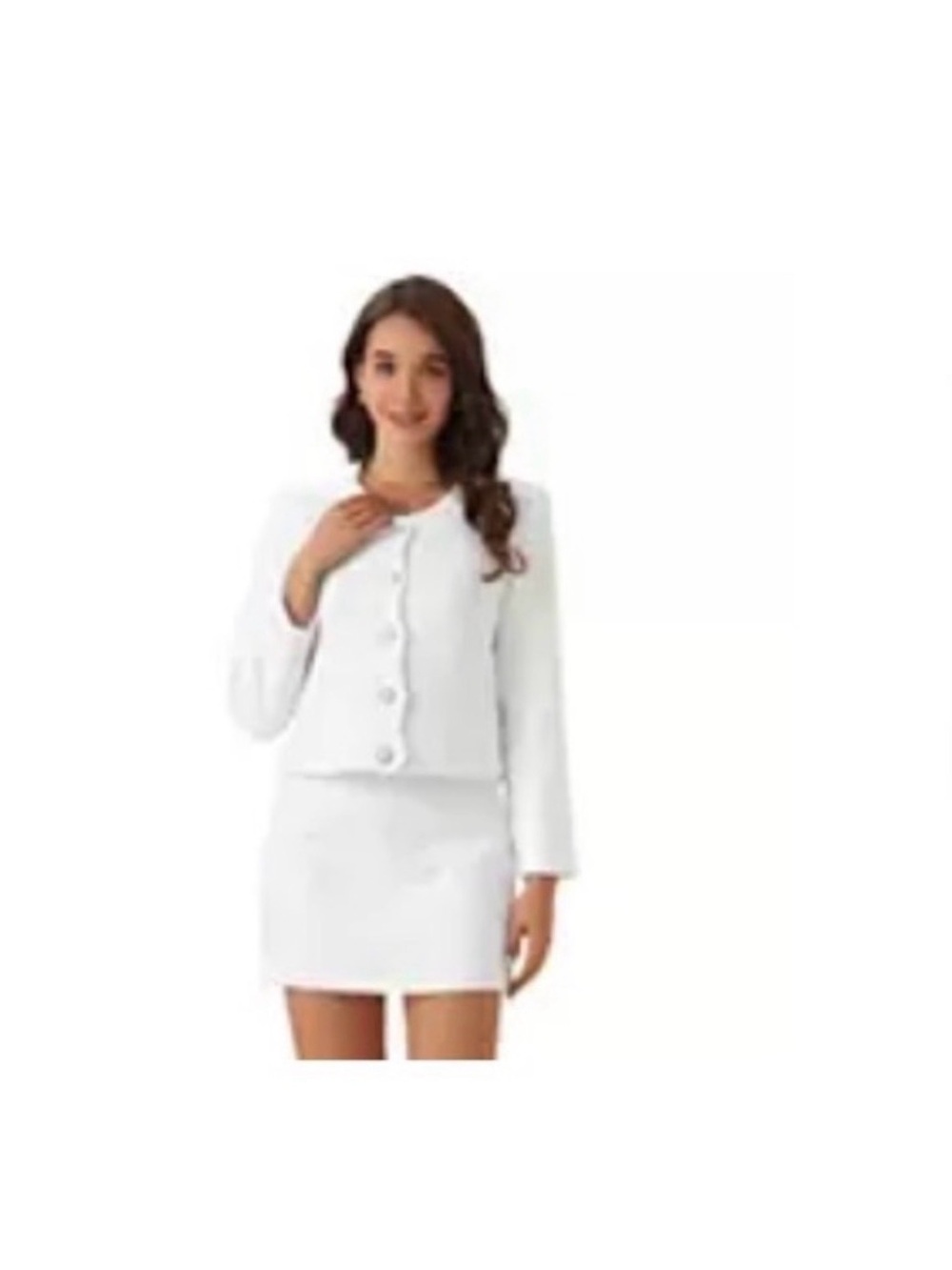 White Tweed Skirt Suit with Pearl Buttons